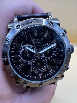 Titanium Men's Quartz Watch with Leather Strap. Stainless Steel Case Black Dial