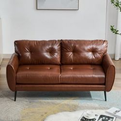 61" Mini Leather Arm Couch, 2 Seater Modern L-Shaped Sofa, Mid Century Modern Small Comfy Loveseat Sofa for Living Room, Bedroom, Office, Brown