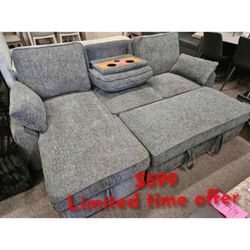 Light Gray chenille reversible sectional pullout sleeper bed charging ports drop down table