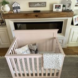 Farmhouse Pink Adjustable Mini Baby Crib with Extra Thicker Mattress (NEW)