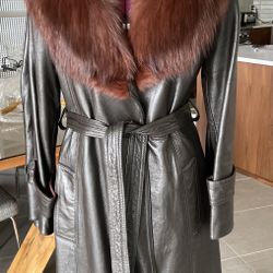Red Fox Fur Collar Knee Length Dark Brown Leather Wrap Coat