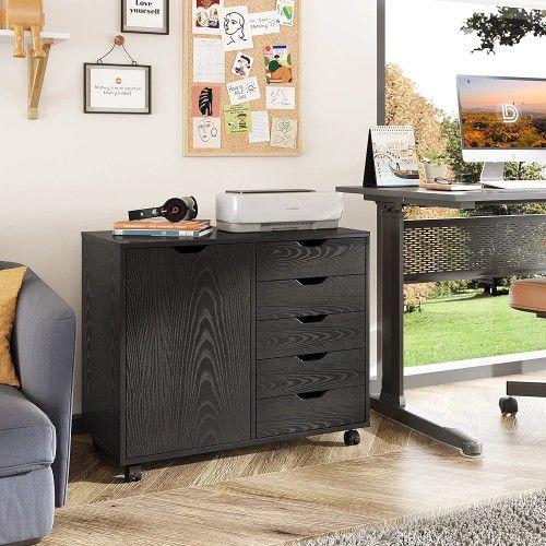 5-Drawer Dresser with Door, Mobile Storage Cabinet, Printer Stand for Home Office, Black New In Box 