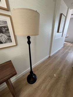 Black Floor Lamp with Beige Drum Shade