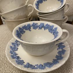 WEDGWOOD White Tea cup and Saucer Set Blue Embossed Queens Ware - Fine Bone China 