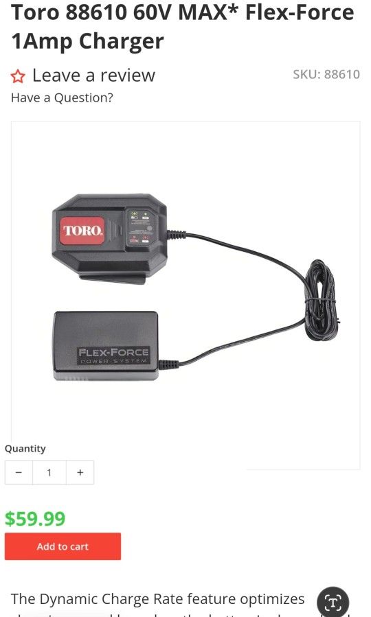🆕️Toro 88610 60V MAX* Flex-Force 1Amp Charger