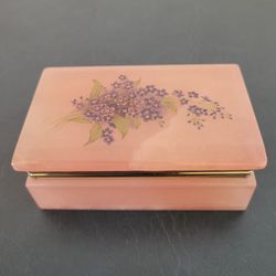 Jewelry/Trinket Box - Vintage Hand Carved Genuine Alabaster, Pink with Purple Flowers