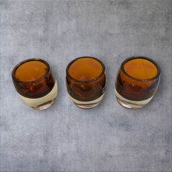 Set of 3 Crate & Barrel Diva Votive Holders Topaz Amber Glass Poland MCM Heavy