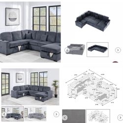 $649-4Piece Convertible Sectional  Sleeper Sofa ,Chaise Storage ,Sofa Storage & USB Ports 98” x 103” x 61” x36”H
