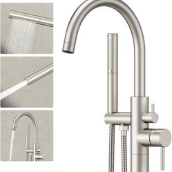 Freestanding Bathtub Faucet Brushed Nickel Tub Filler Floor Mount Free Standing Metal Bathroom Tub Gooseneck Spout with 2 Function Hand Shower 