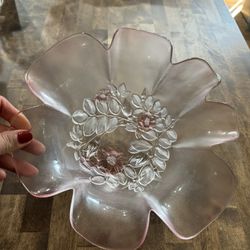 Vintage Mikasa Pink Frosted Ruffles “Rosella” Hostes Bowl/Pink Flowers