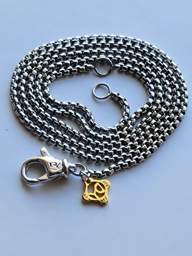 David Yurman Box Chain 1.7mm .925 W/ 14k Gold Day Charm Adjustable 18-20"