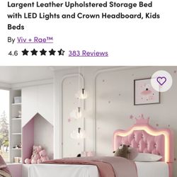 Leather Upholstered Storage Bed With LED Lights & Crown Headboard, Kids Twin Size Bed