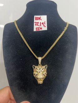 For Wedding 10K Yellow Gold Franco Chain and Pendant CUBIC ZIRCONIUM STONES 20.2Gr  23 Inches Long