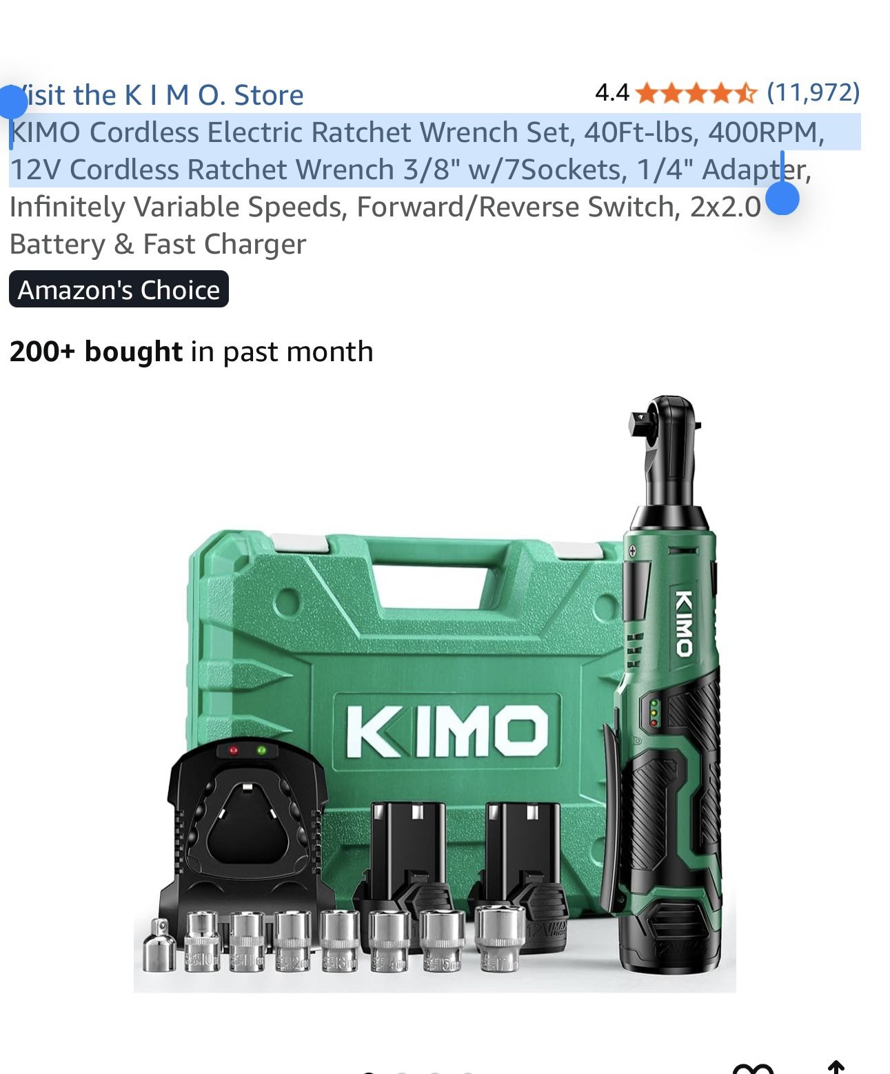 KIMO Cordless Electric Ratchet Wrench Set, 40Ft-lbs, 400RPM, 12V Cordless Ratchet Wrench 3/8" w/7Sockets, 1/4" Adapt
