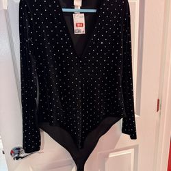 Black Velvet Bodysuit With Rhinestone Studs