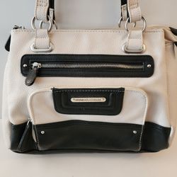 Stone Mountain Black & Ivory Pebbled Faux Leather Organizer Handbag Satchel New