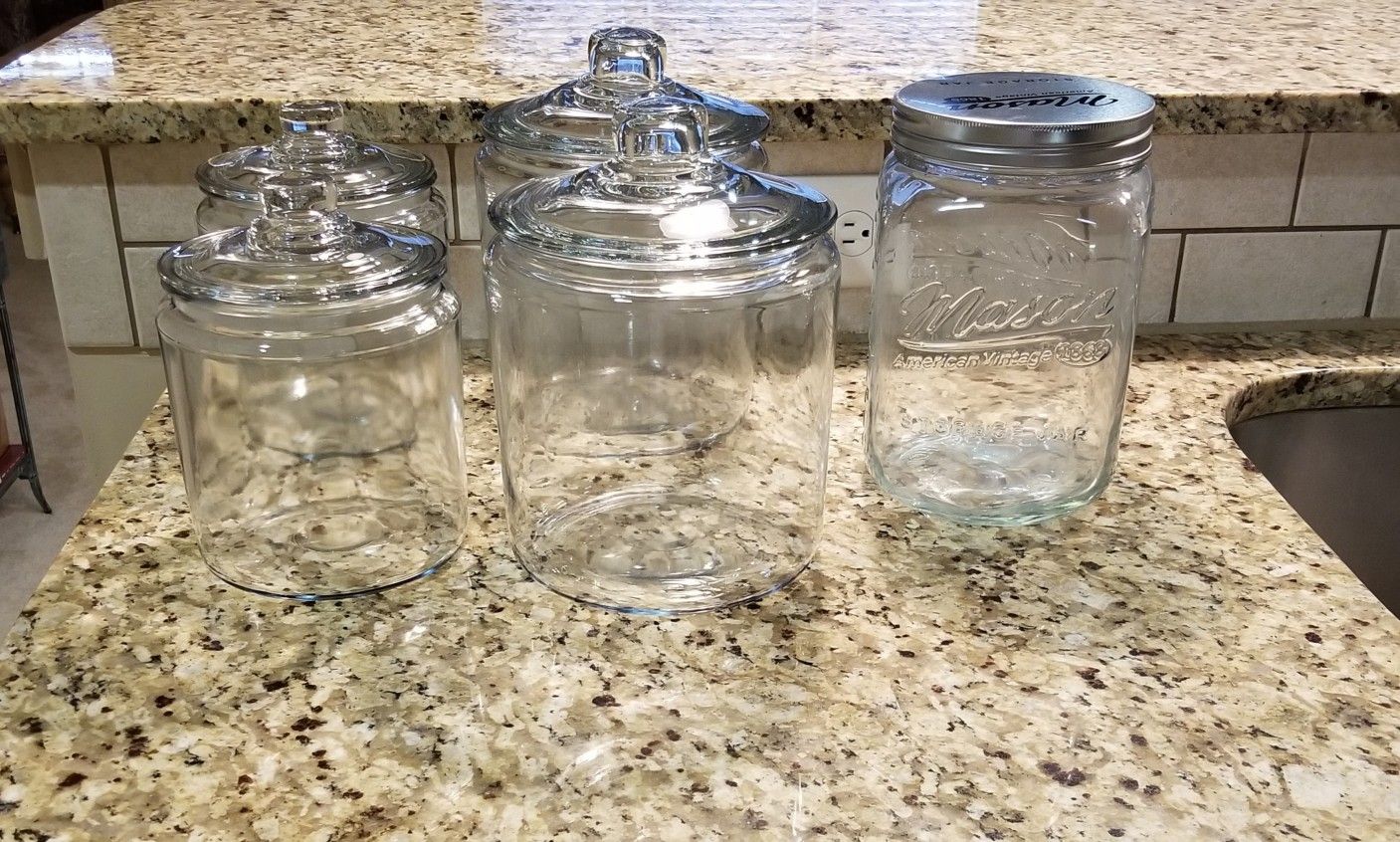5 large glass kitchen storage jars