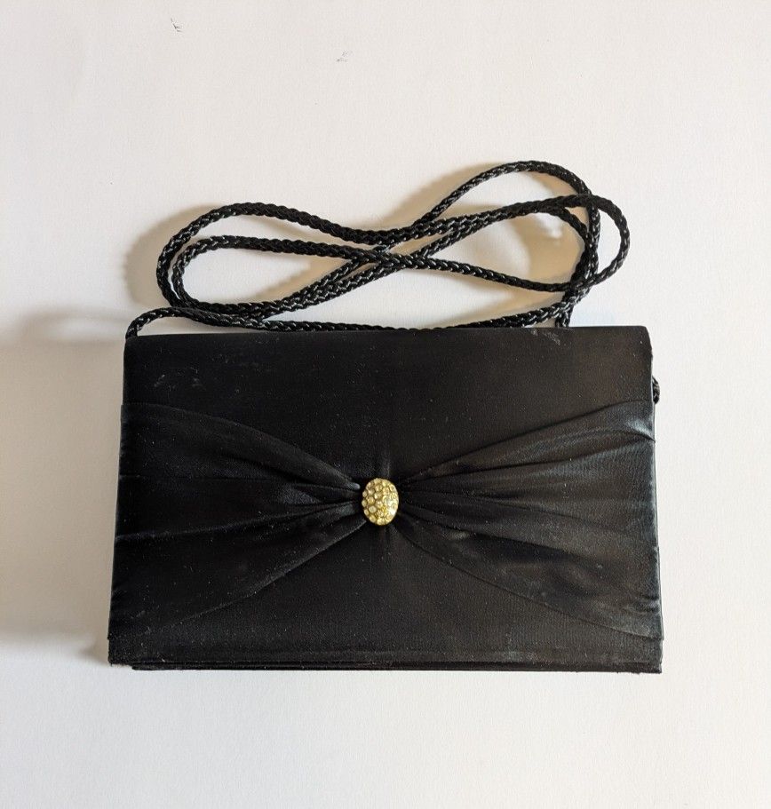 Clutch Wallet Evening Bag Black Snap Closure Cross Body Braided Strap Rhinestone Center
