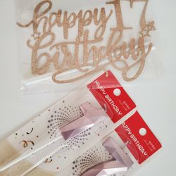 NEW Rose Gold "Happy 17th Birthday" Cake Topper & Candles