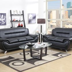 New! Black Contemporary 2PC Leather Sofa and Loveseat 