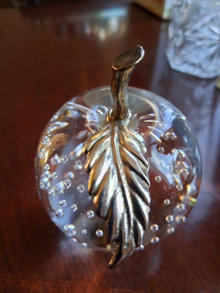 Vintage Bubble Glass Apple W/ Brass Stem Paperweight