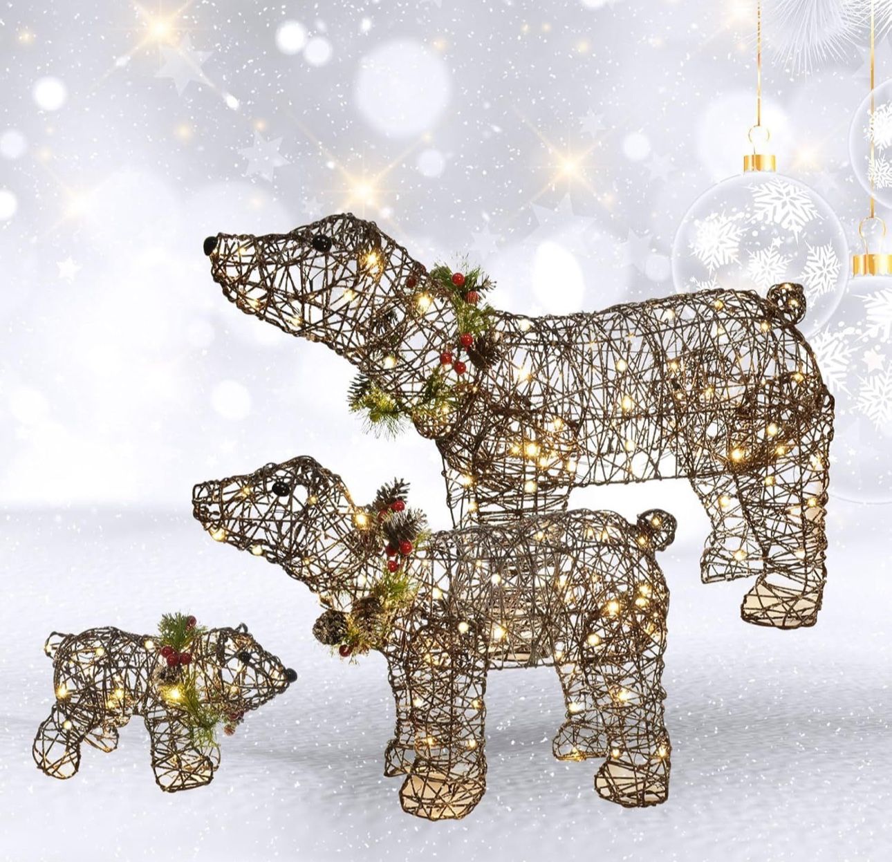 Lighted Christmas Decorations Outdoor Rattan Polar Bear 3-Piece - HOYECHI Polar Bear Family with 140