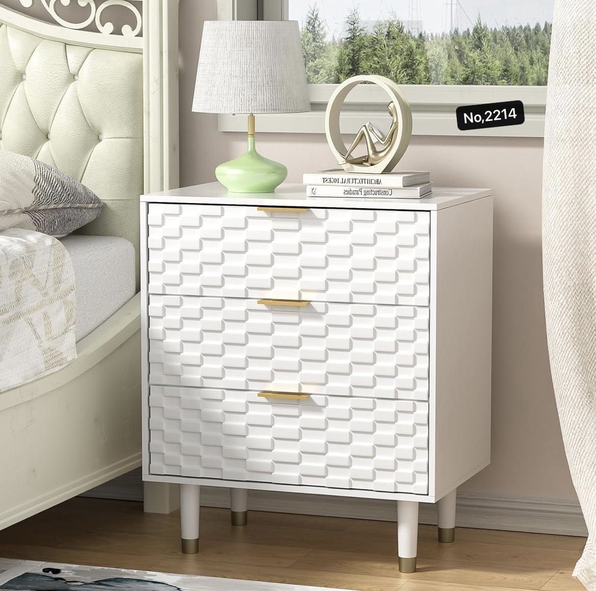 3 Drawers Nightstand, Farmhouse White Night Stand,Modern Bedside Table with Storage, Embossed Relief Design End Table for Bedroom,Small Spaces,White