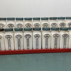 Antique Griffith’s Milk Glass Spice Jar Set with Blue Lids and Original Label (complete set of 18 and stand)
