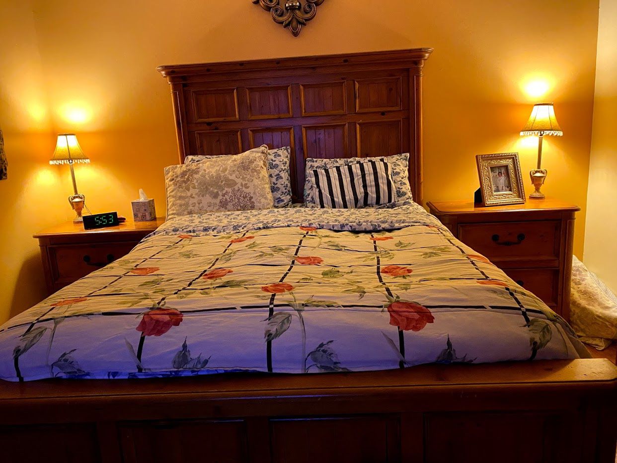 Cypress Wood Bedroom Set: TV Cabinet, Nightstands, Dresser & Queen Sized Bed Frame