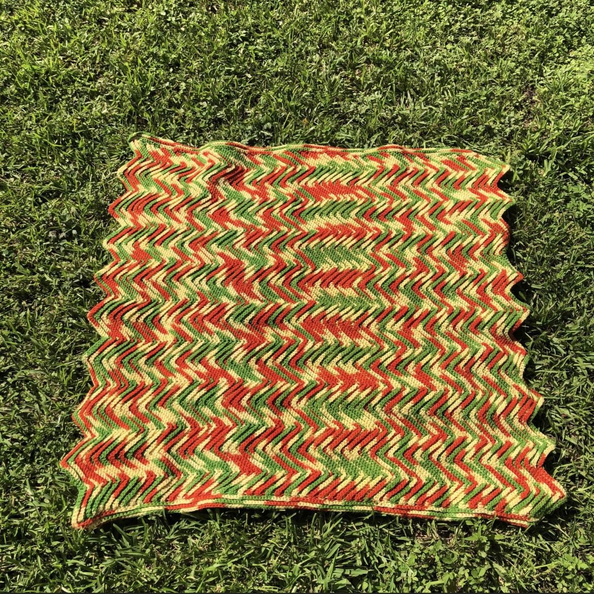 Green, Red, & Beige Crocheted Afghan, ZigZag Blanket, Retro Funky Knit Throw, Hand Knit Quilt, Chevron Chunky Wool, Boho Hippie Home Decor