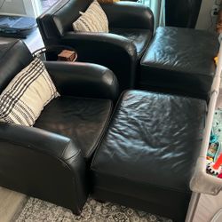 Black Leather chairs(2) With Ottomans