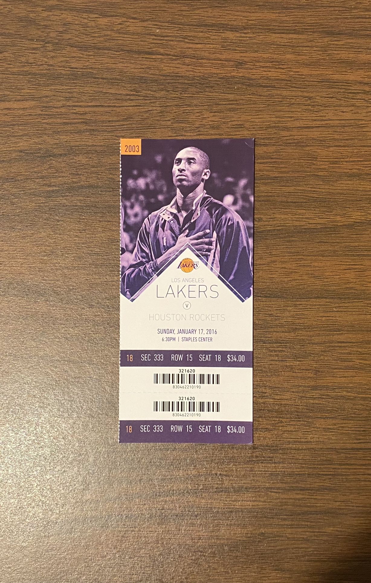 KOBE BRYANT FINAL SEASON AUTHENTIC FULL TICKET vs HOUSTON ROCKETS 01/17/2016 w/ JAMES HARDEN LOS ANGELES LAKERS “BLACK MAMBA”