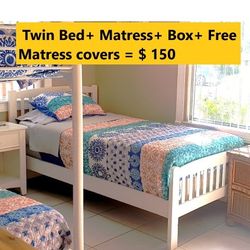 White wood Twin bed  + mattress + box + FREE matress & box protectors / Cama 1 plaza + colchon + box