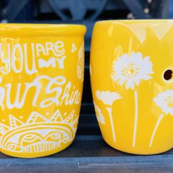 2 Yellow “You Are My Sunshine” Ceramic Tea Candle Holders