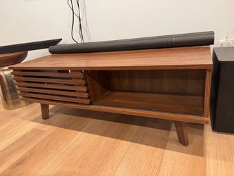 Enely Coffee Table with Storage, Mid Century Modern Coffee Table with slatted Door