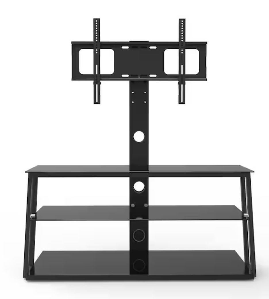 Black 3-Tier Storage Shelves Tempered Glass TV Stand Fits TV's up to 65 in. with Height Adjustable