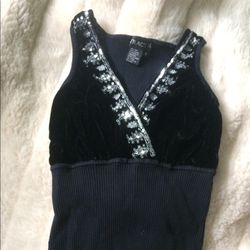 Tracy M. Black Velvet and Ribbed Silk Blend Sleeveless Top