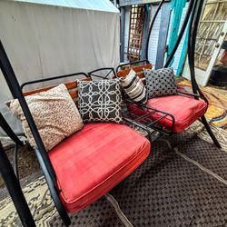 Patio Porch Wood And Metal Bench Swing With Middle Storage And Drink Holders