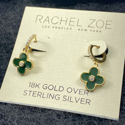 NEW Rachel Zoe Green Clover 18K Gold Plated Sterling Silver Pave Dangle Earrings