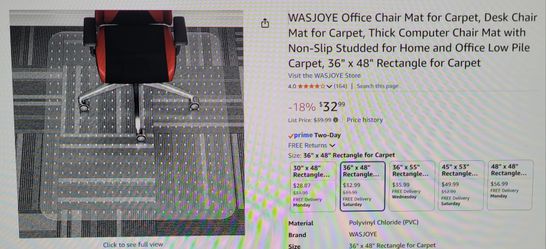 Office Chair Clear Mat For Carpet, 36" x 48"