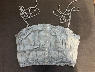 Denim Ruched Crop Top with Tie Straps