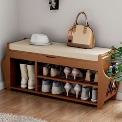 39.4in Shoe Bench with 2 Side Holder, 3 Tier Bamboo Entryway Bench with Storage, Shoe Rack Bench Organizer with Cushion for Entryway Hallway Living Ro