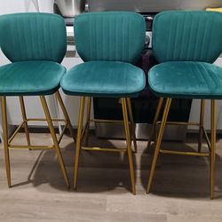 Emerald Green & Gold Velvet Barstools