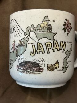 Rare Vintage Japan Etched Map of Islands Souvenir Large Stoneware Mug Coffee Tea