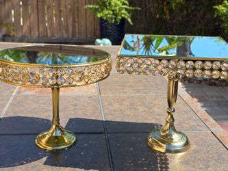 2-Piece Gold Crystal Cake Stand Set – Mirrored Pedestal Dessert Trays