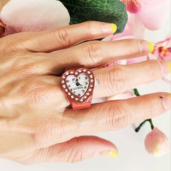 Red heart shape girl's women's ladies quartz diamond ring watch gift