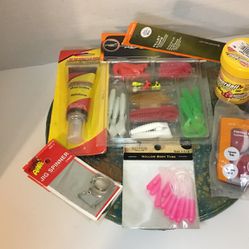 New In Packages Fishing Lot: Hooks, Lures, Fillet Tool, Bait, Bobber small and Grapple Buster