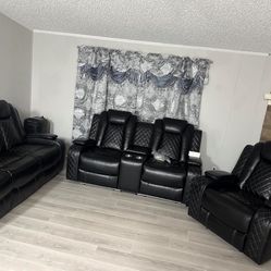 New Black Leather Power Reclining Couch Set