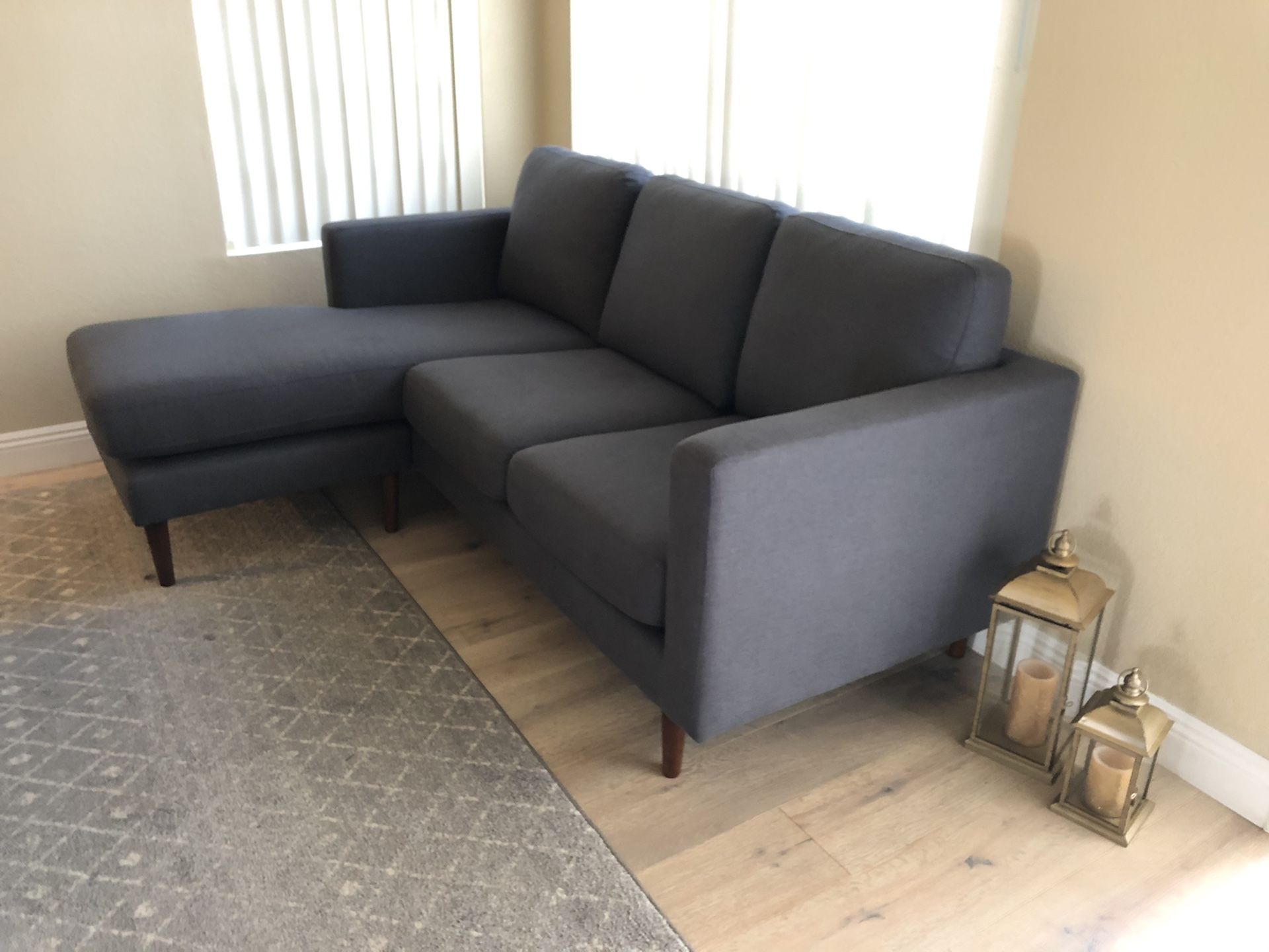 NEW Rivet Revolve MidCentury Modern Gray Upholstered Sofa w/ Reversible Sectional Chaise, 80”W