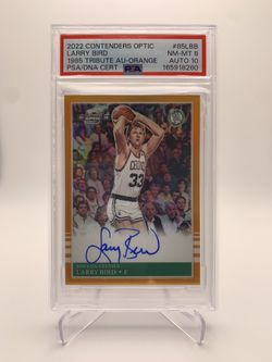 Larry Bird 2022 Panini Contenders Optic 1985 Tribute Autographs Orange 15/15 PSA AUTO 10